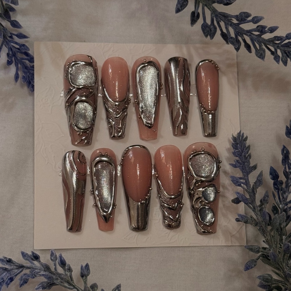 Silver and Nude Press-On Nails